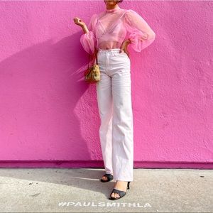 Sheer pink blouse with puff sleeves